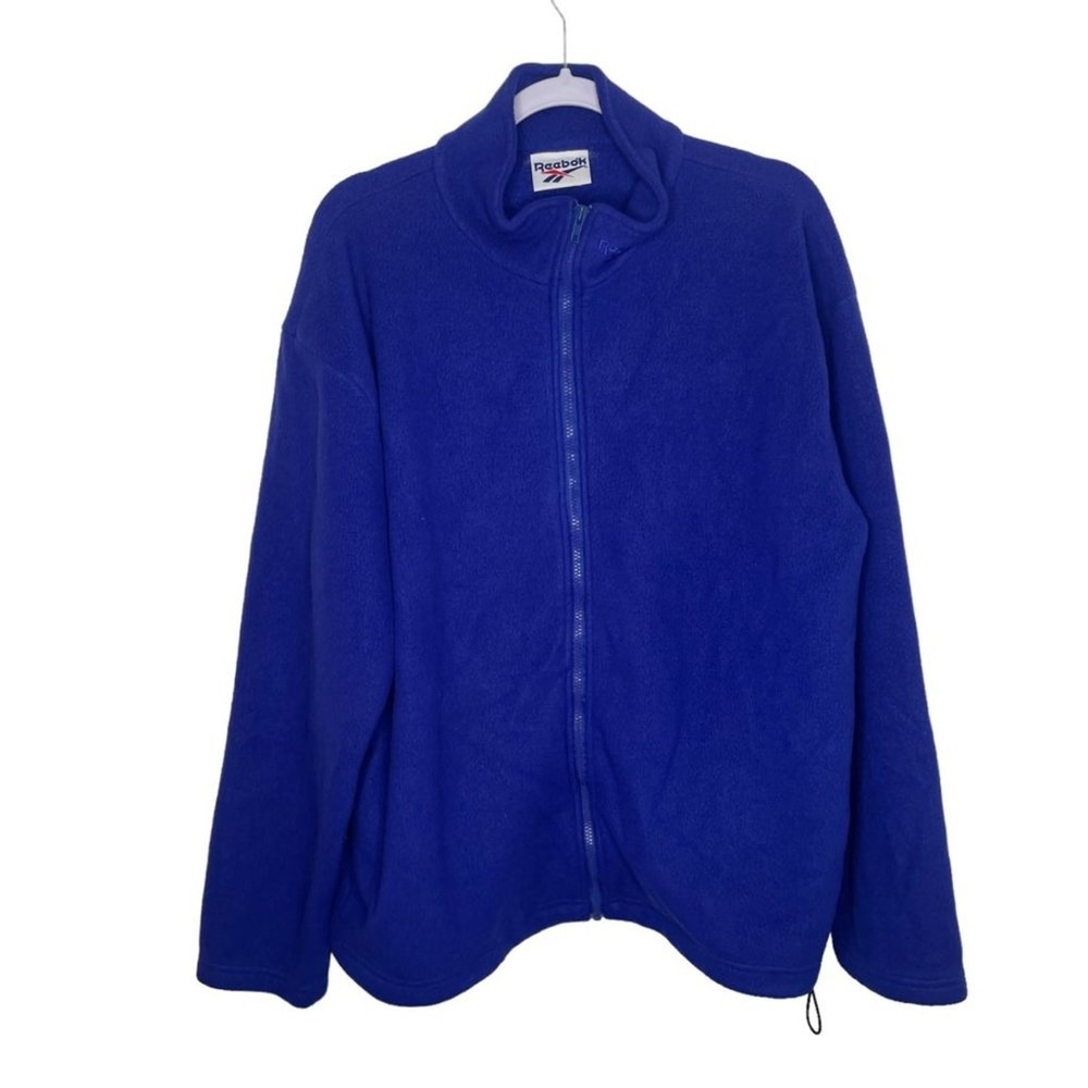 Reebok Vintage Fleece Jacket Mens Royal Blue Full Zip Mock Neck Bungee Hem